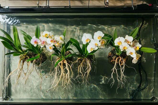 Image d'illustration. Orchidées en hydroponie avec racines dans l eau