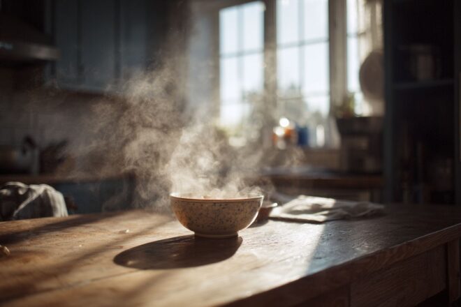 Air glacial et soupe fumante dans une cuisine accueillante