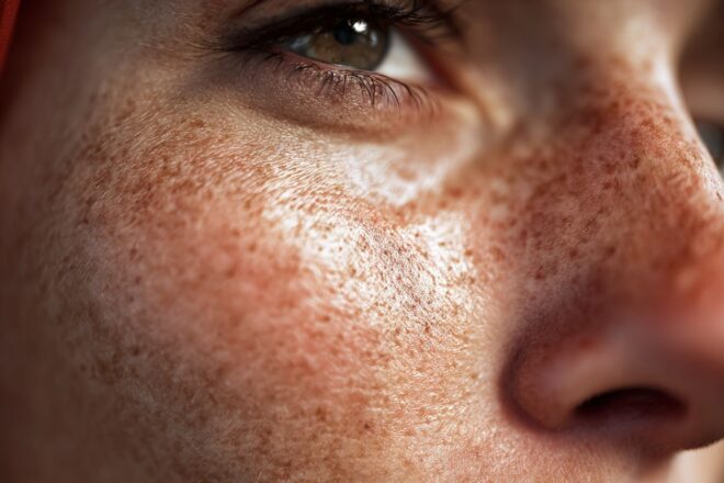 Gros plan de la texture de la peau avec pores dilatés