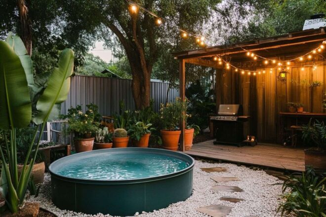 Image d'illustration. Cadre extérieur confortable avec piscine en bac, guirlandes lumineuses et plantes en pot