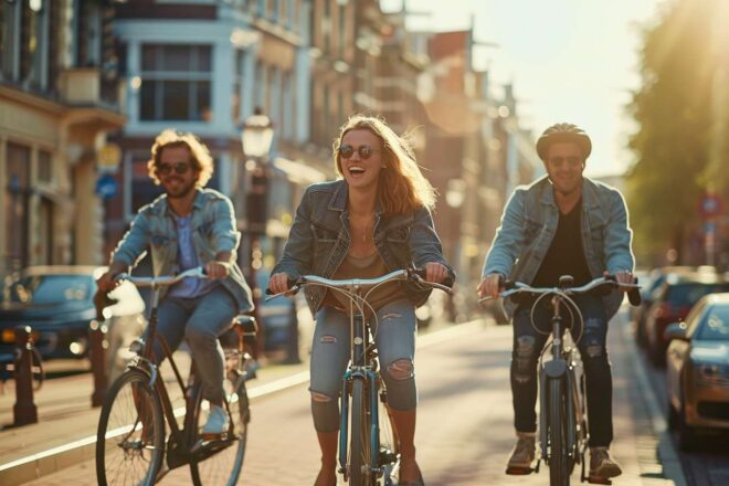 Image d'illustration. Groupe de personnes faisant du vélo en ville.