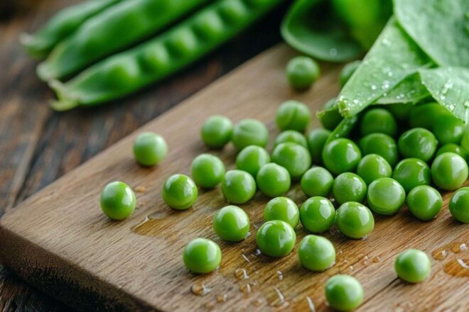 Image d'illustration. Gros plan sur des petits pois frais éparpillés