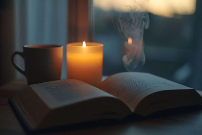 Lumière douce émanant d'une bougie en cire de soja allumée illuminant un livre ouvert et une tasse fumante.