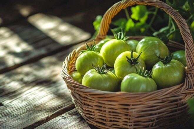 Image d'illustration. Panier de tomates vertes fraîchement récoltées