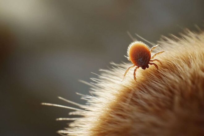 Image d'illustration. Tique sur le pelage d un animal de compagnie au soleil