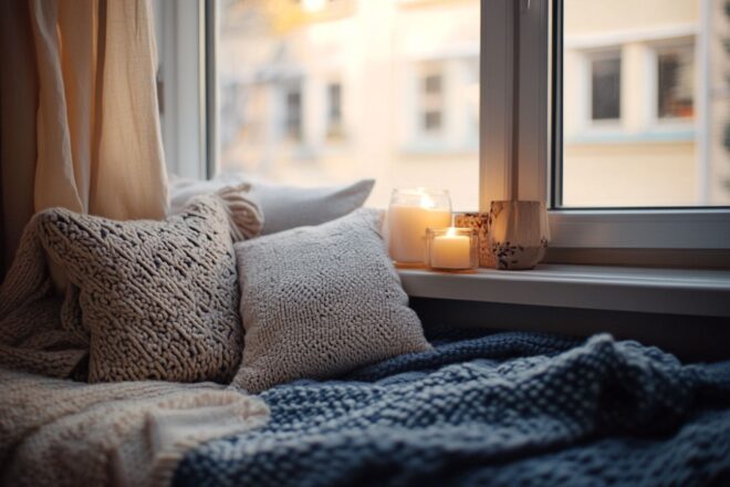 Un coin chaleureux avec coussins et couvertures, invitant à des moments paisibles de réflexion et à des activités de soulagement du stress.
