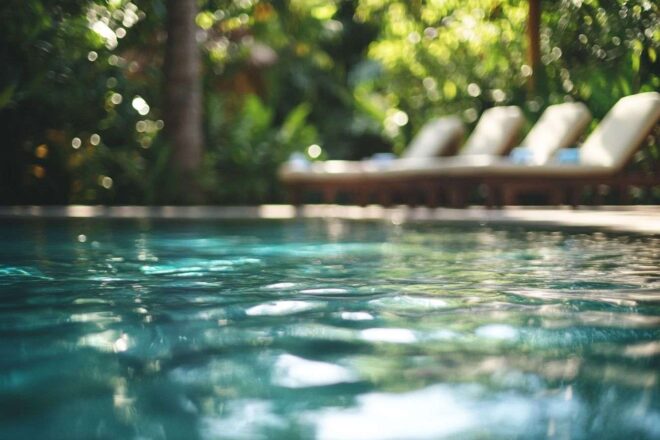 Une piscine extérieure avec une eau cristalline qui reflète la lumière du soleil, entourée de verdure luxuriante et de transats.