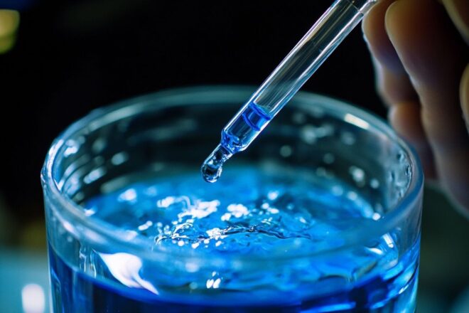 Une main tenant un compte-gouttes ajoute du liquide bleu dans un récipient transparent rempli d'eau.