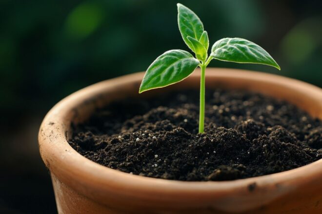 Gros plan de terreau sombre dans un pot en terre cuite avec une plante verte vibrante en pleine croissance
