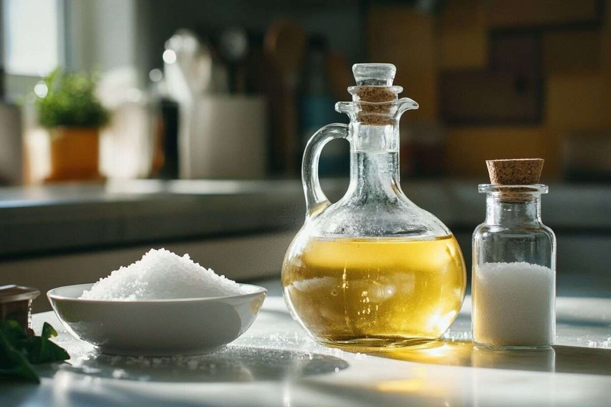 Gros plan de vinaigre blanc, sel et liquide vaisselle sur le comptoir