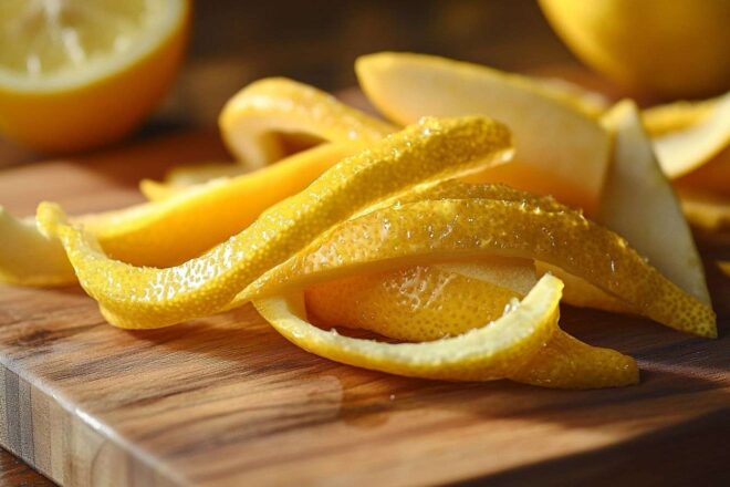 Gros plan sur des zestes de citron jaune et vif sur une planche en bois, scintillant d'huile d'agrumes.