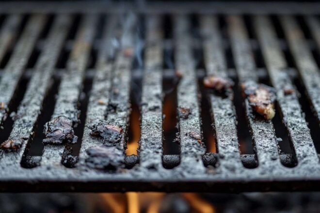 Gros plan sur un barbecue sale couvert de restes carbonisés et de taches de graisse après une cuisson estivale.