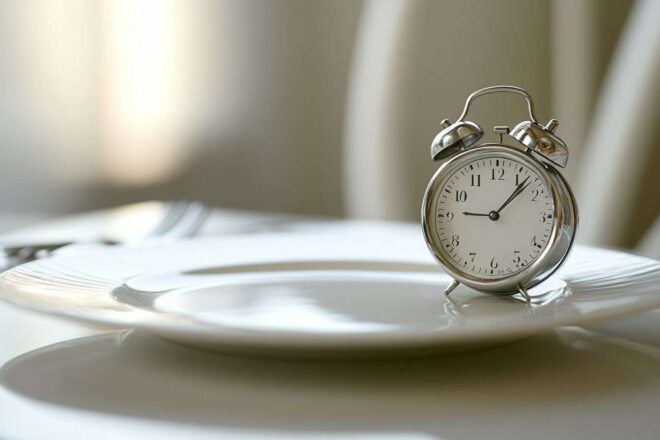 Minuteur fixé à côté d'une assiette illustrant le moment parfait pour déguster un repas avant de dormir.