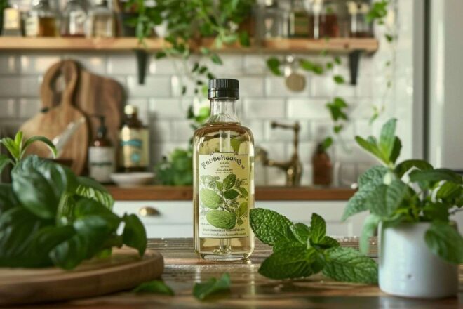 Essence de menthe poivrée sur comptoir de cuisine