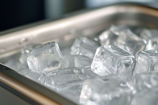 Gros plan de glaçons formant dans un plateau transparent