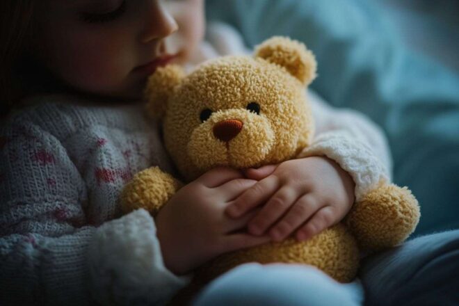 Gros plan de la main d un enfant tenant un jouet réconfortant