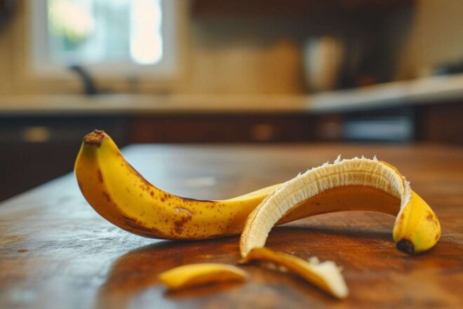 Gros plan d une peau de banane vibrante sur un plan de travail en bois