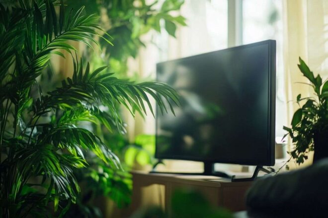 Téléviseur éteint avec plantes d intérieur luxueuses
