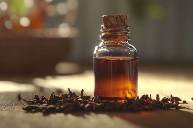 Gros plan de sérum anti âge fait maison avec clous de girofle en bouteille en verre sur table en bois