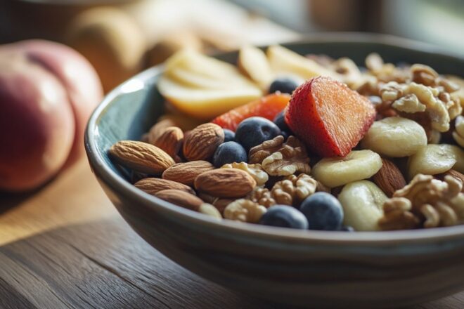 Gros plan d un bol rempli de fruits et noix riches en fibres