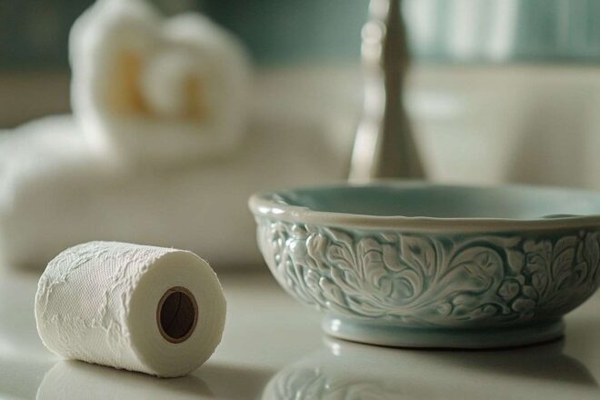 Gros plan d’un rouleau vide sur un comptoir de salle de bain