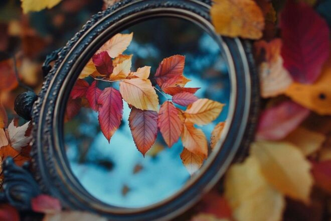 Transition de feuillage saisonnier reflété dans un miroir