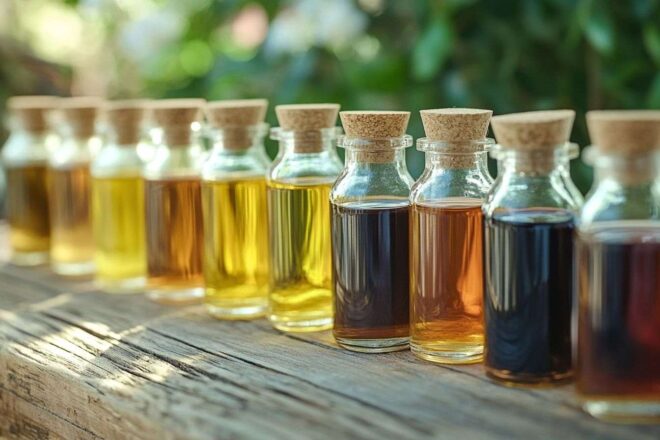 Assortiment d huiles naturelles pour cheveux et peau sur table rustique