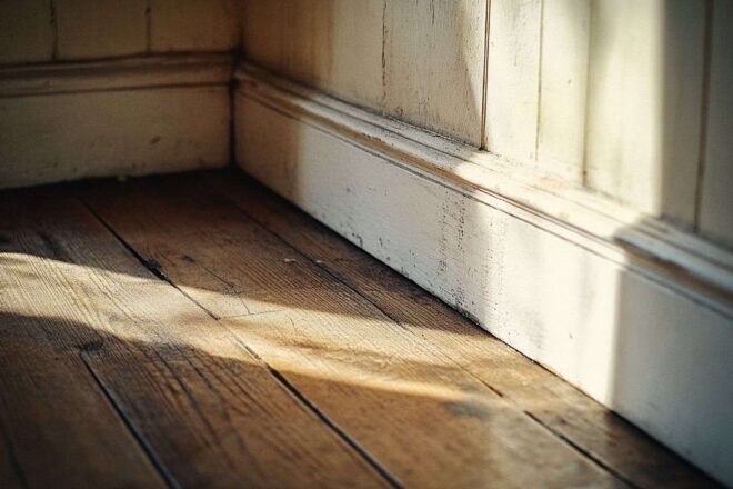 Coin négligé avec plinthe poussiéreuse et vieux plancher en bois