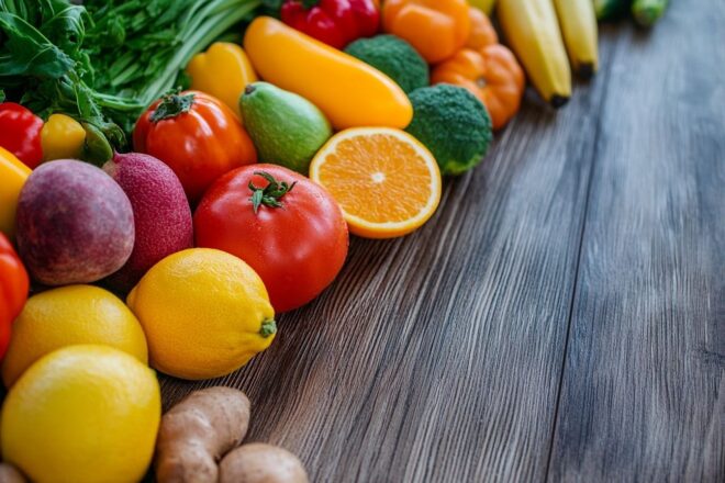 Fruits et légumes vibrants sur table en bois