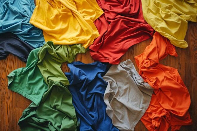 Gros plan de t shirts froissés aux couleurs vives sur parquet