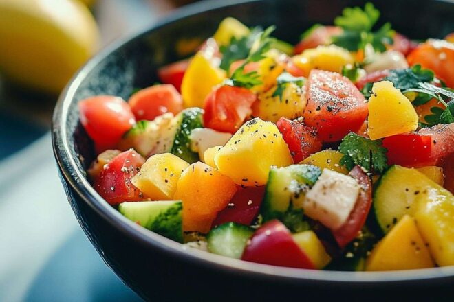 Gros plan sur un bol rempli de fruits et légumes colorés riches en fibres