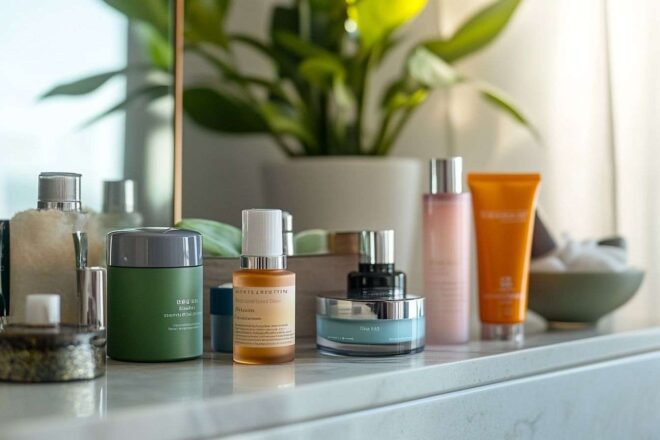 Produits essentiels de soins de la peau sur une coiffeuse de voyage