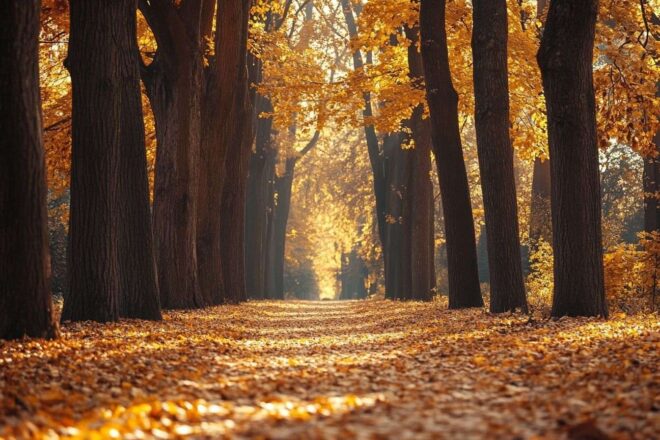 Sentier pittoresque d automne avec feuilles dorées et arbres majestueux