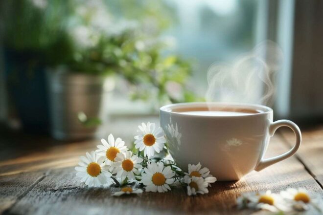 Tasse de tisane à la camomille fumante sur table en bois