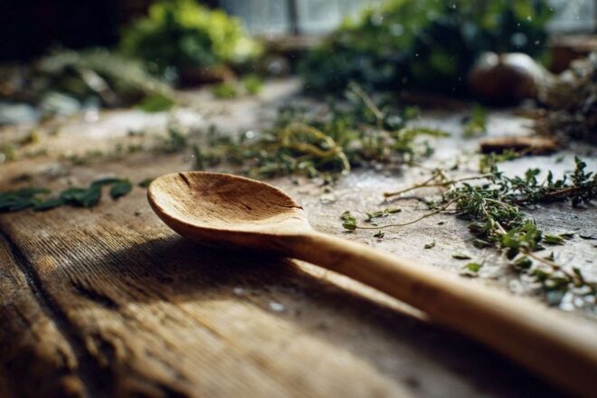 Cuillère en bois sur un comptoir de cuisine rustique
