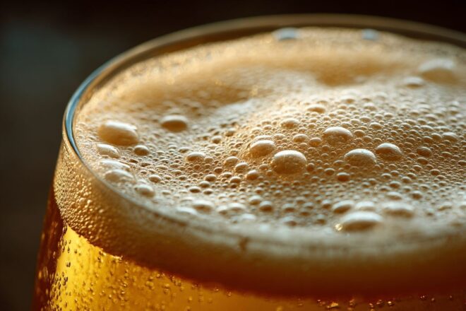 Dégustation de bière artisanale dorée et mousseuse.