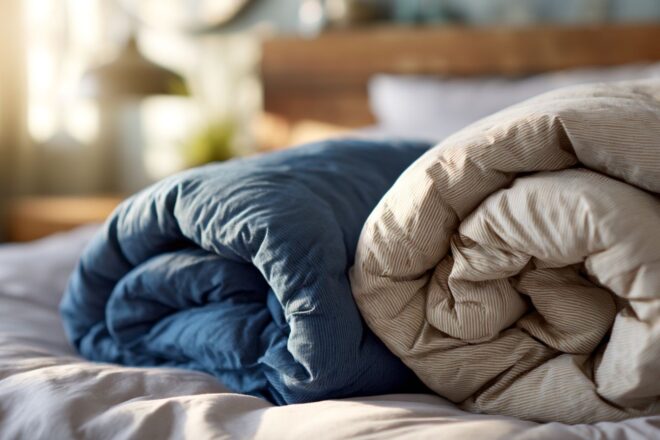 Deux couettes séparées sur un lit bien fait