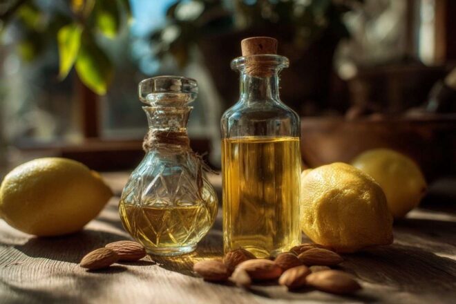Gros plan d huile d amande et de jus de citron