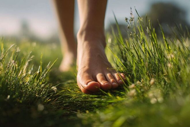 Pieds nus pressent dans l herbe